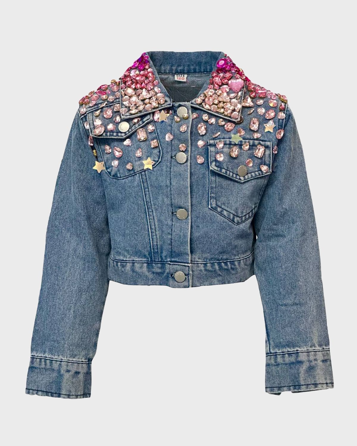 Lola + The Boys Girl's Sparkle Queen Gem Denim Jacket, Size -14