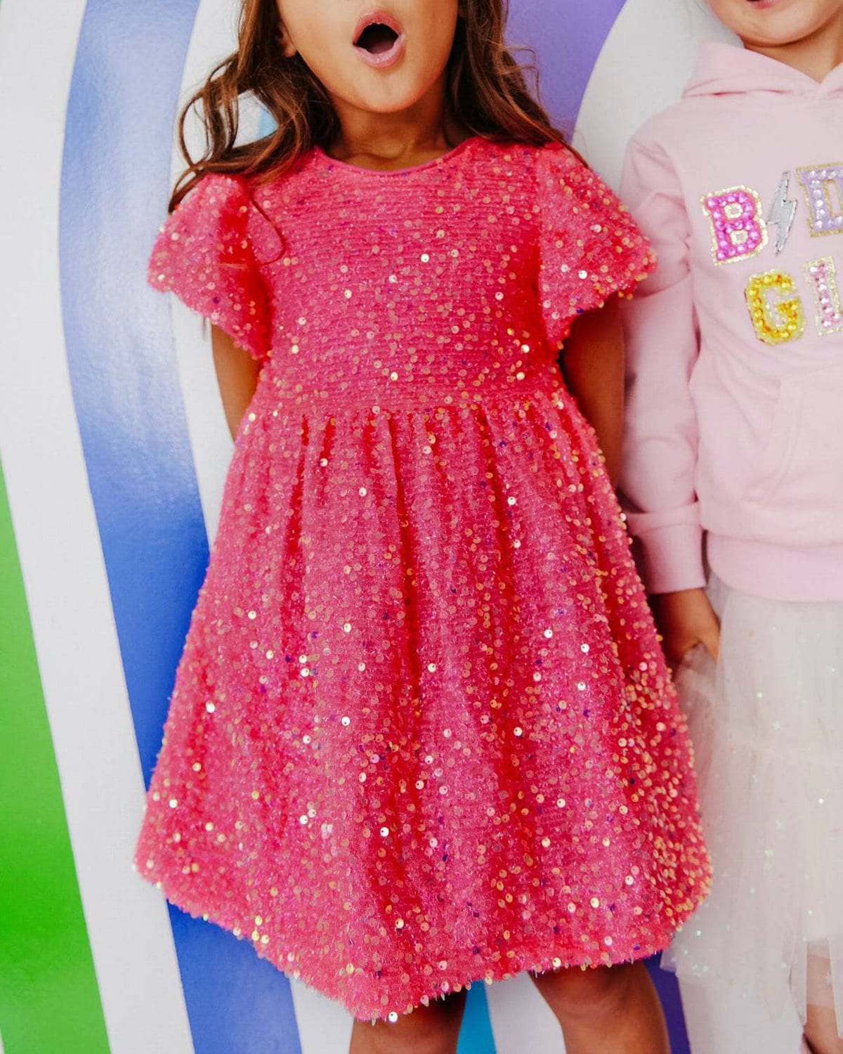 Shop Lola + The Boys Girl's Margot Sequin Velour Dress In Bright Pink