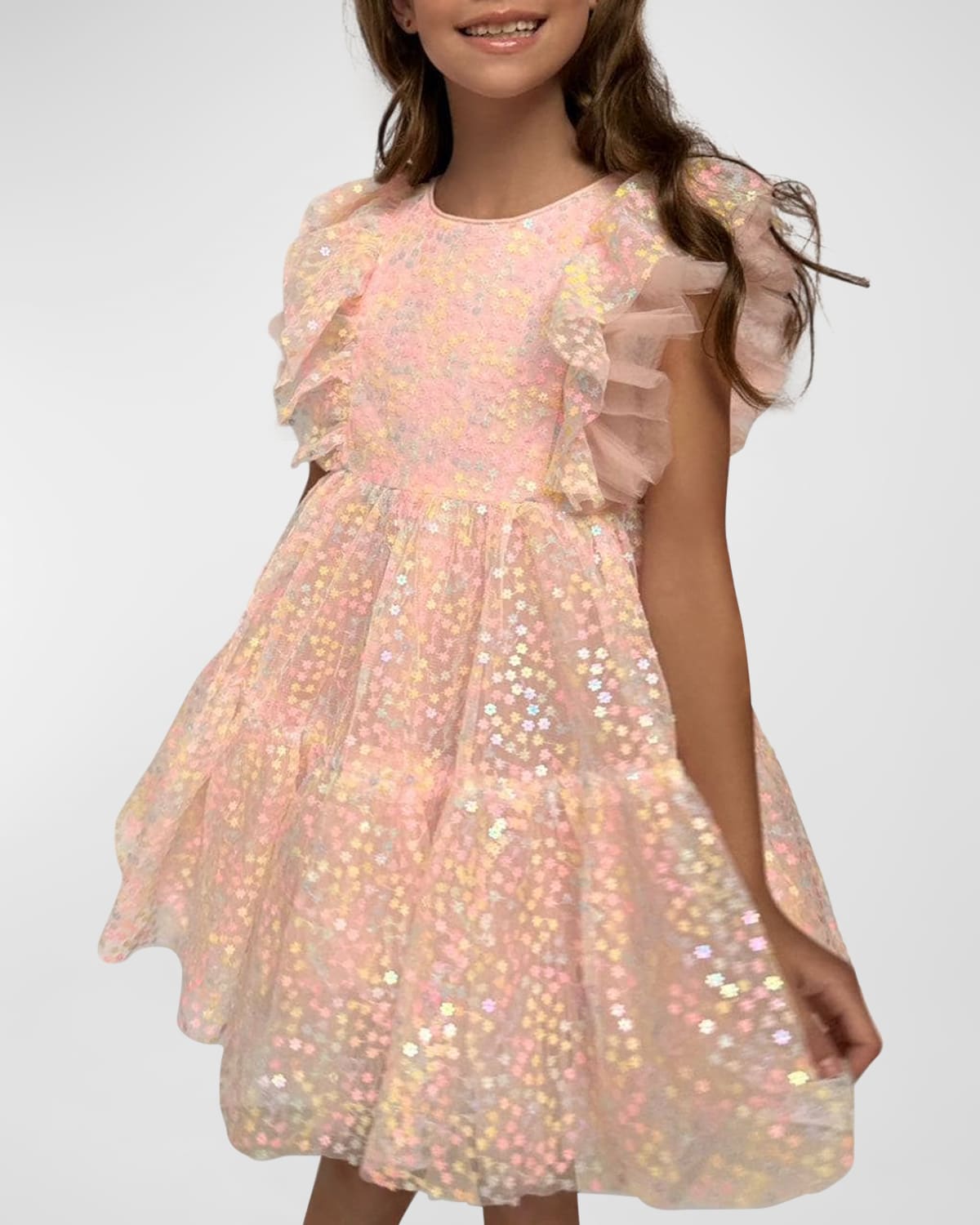 Lola + The Boys Kids' Girl's Sequin Daisy Ruffle Tulle Dress In Pink