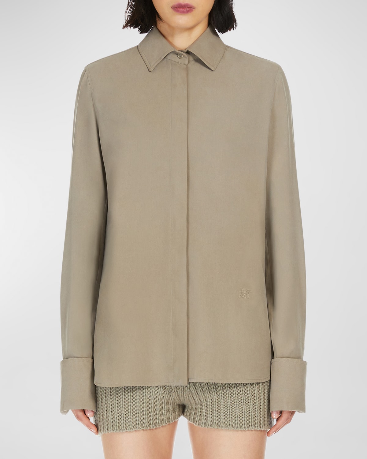 Max Mara Candia Washed Silk Button-front Shirt In Kaki