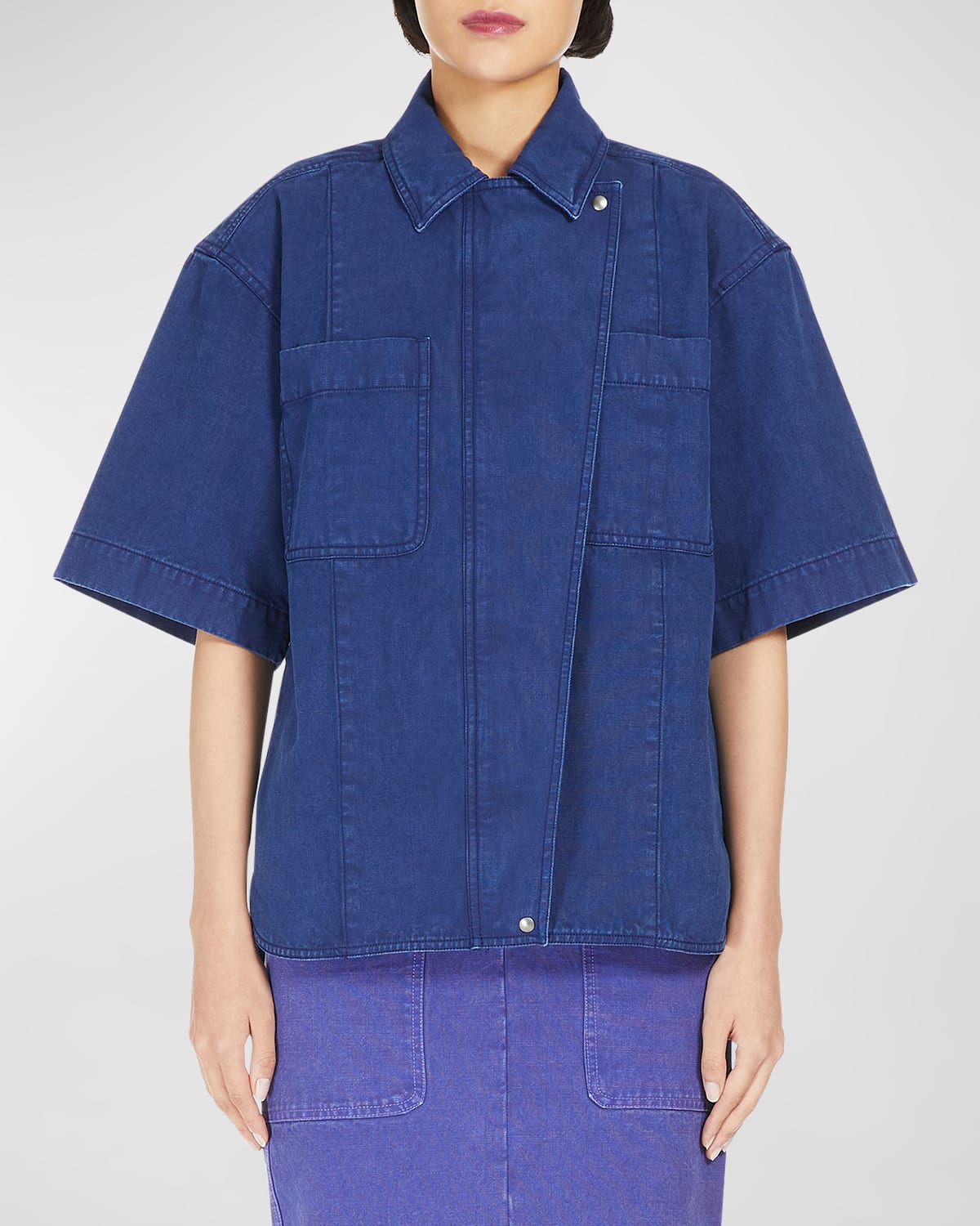 Shop Max Mara Gabriel Short-sleeve Zip-front Denim Collared Shirt In Navy