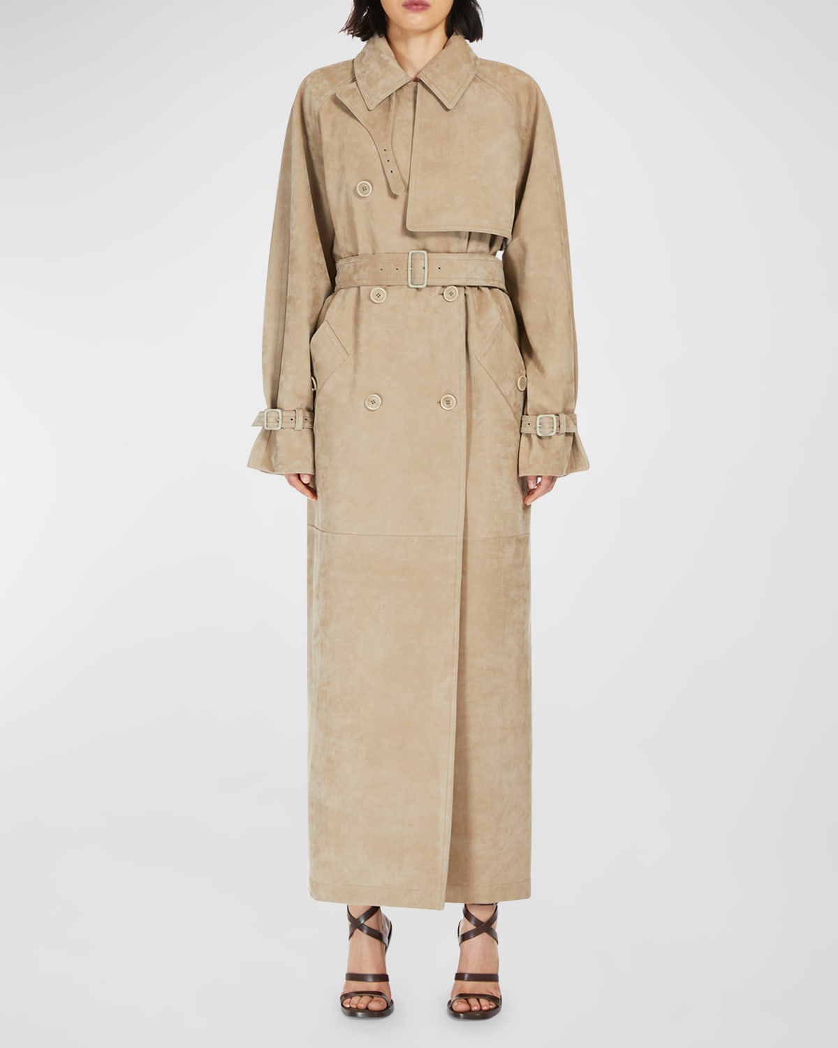 Shop Max Mara Quinto Suede Belted Trench Coat In Beige
