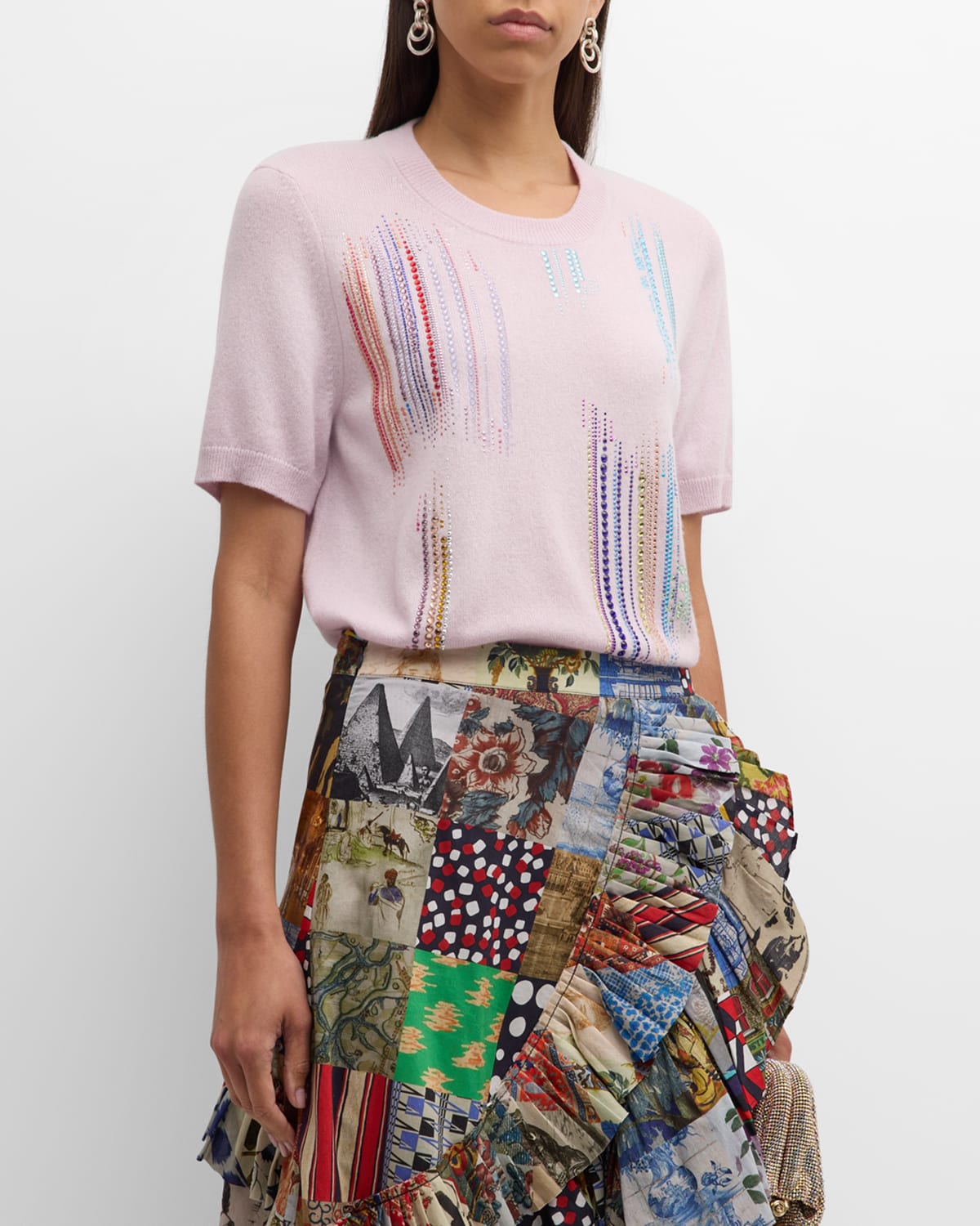 Crystal Embellished Short-Sleeve Cashmere Knit Pullover