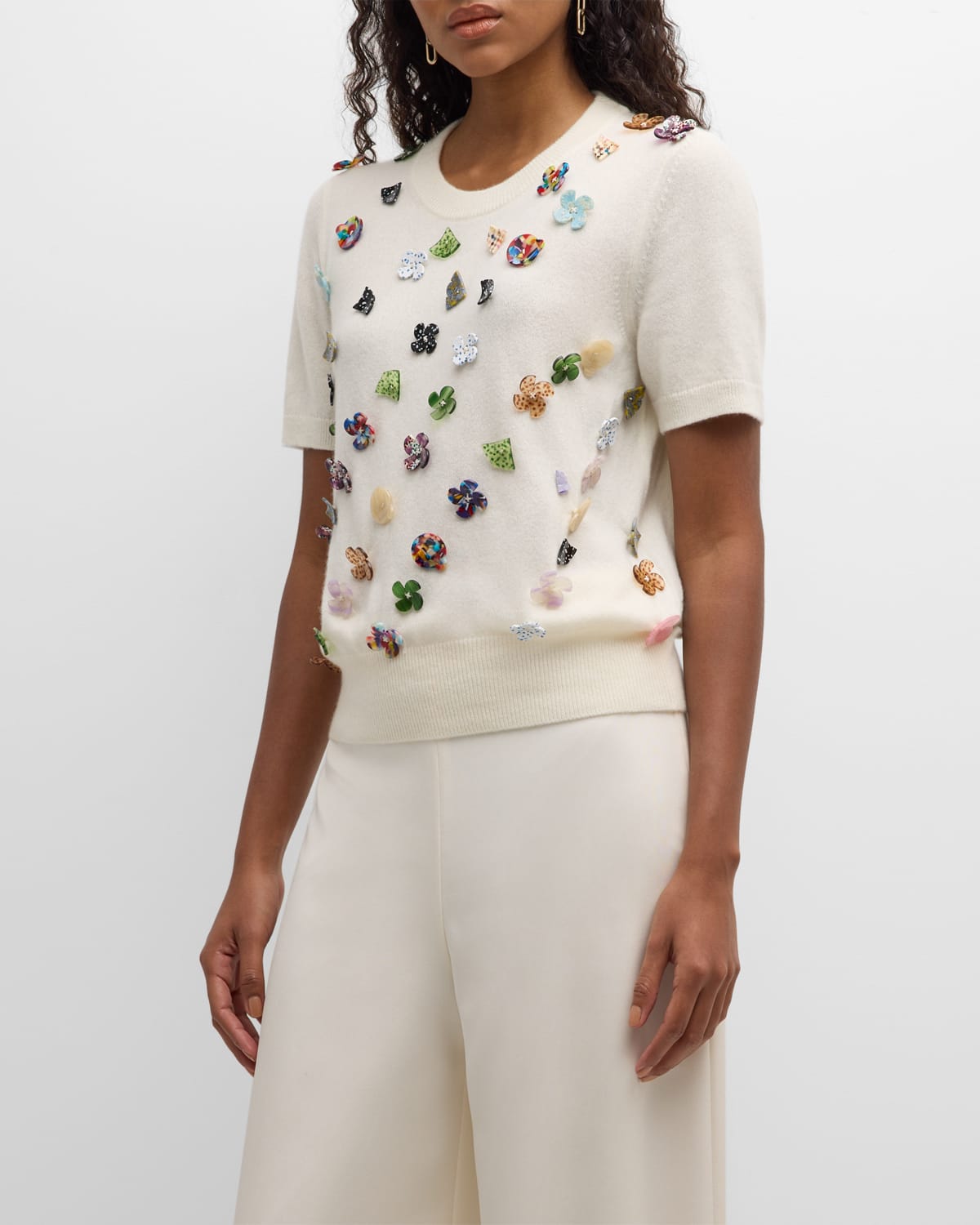 Button Town Embellished Short-Sleeve Cashmere Sweater