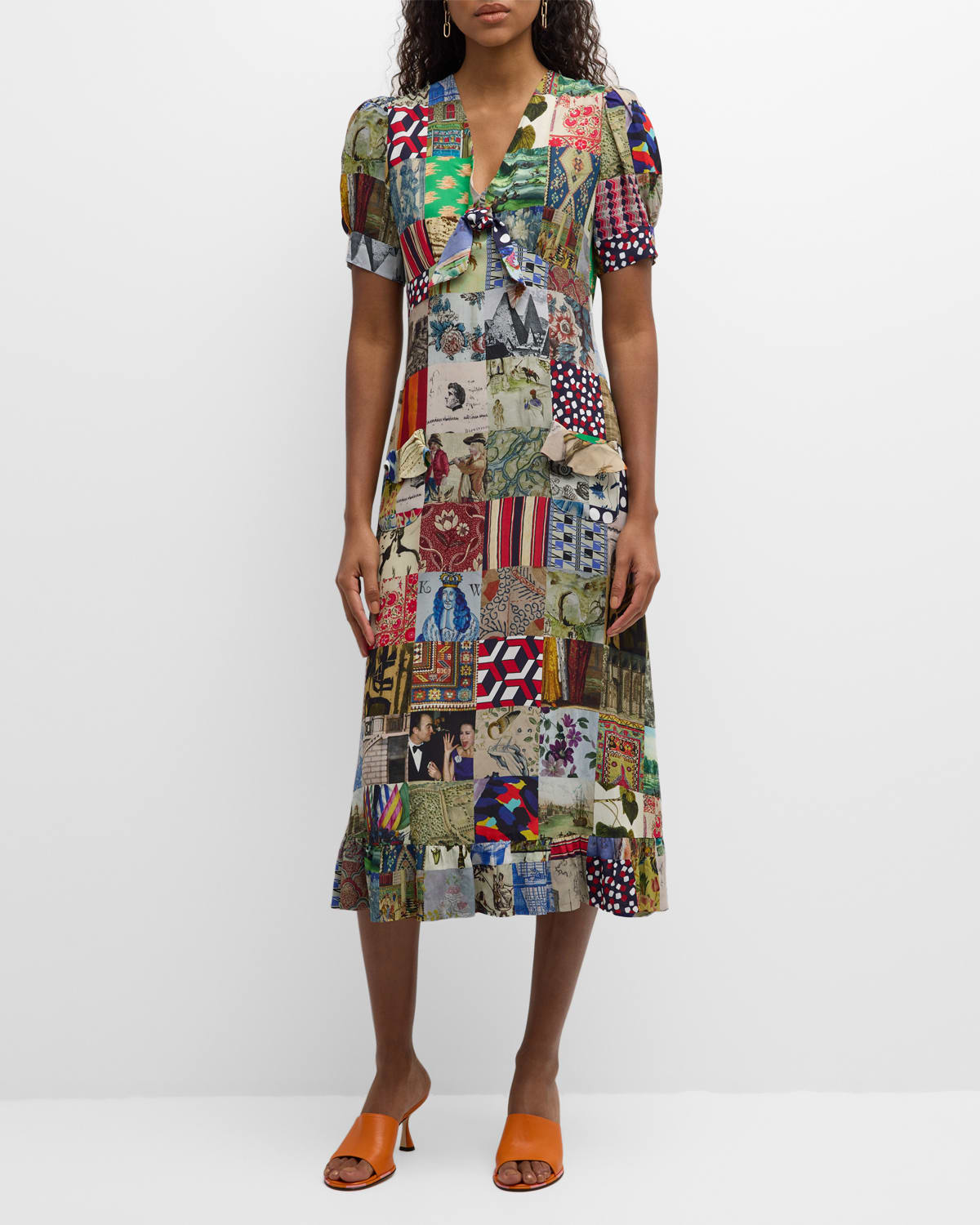 Bloomsbury Collage-Print Sicilian Short-Sleeve Midi Dress