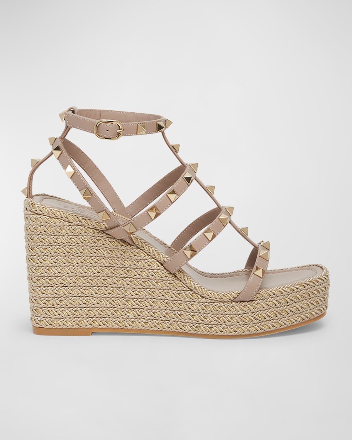 Shop Valentino Rockstud Leather Caged Wedge Espadrilles In Wry Poudre/oro/poudre
