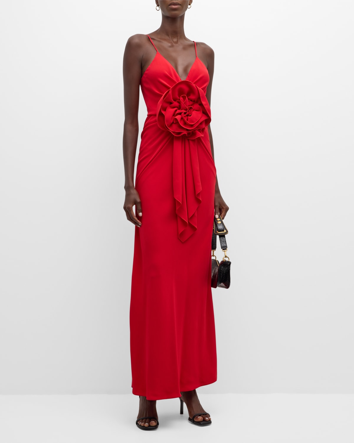 Balmain Rose Plunging Sleeveless Draped Maxi Dress In Red