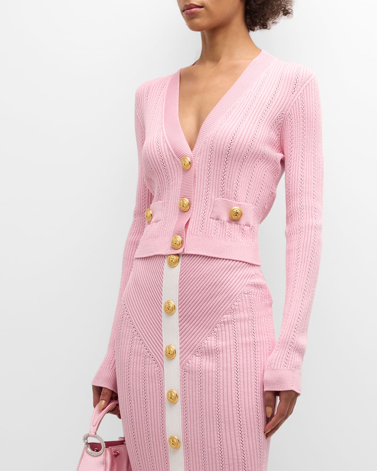 Shop Balmain Buttoned V-neck Pointelle Rib Knit Crop Cardigan In Pink