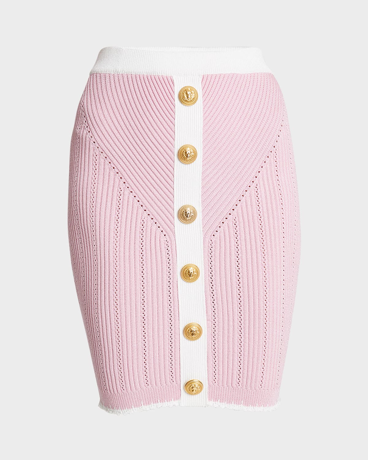 Shop Balmain Buttoned Pointelle Knit Skirt In Pinkwhite