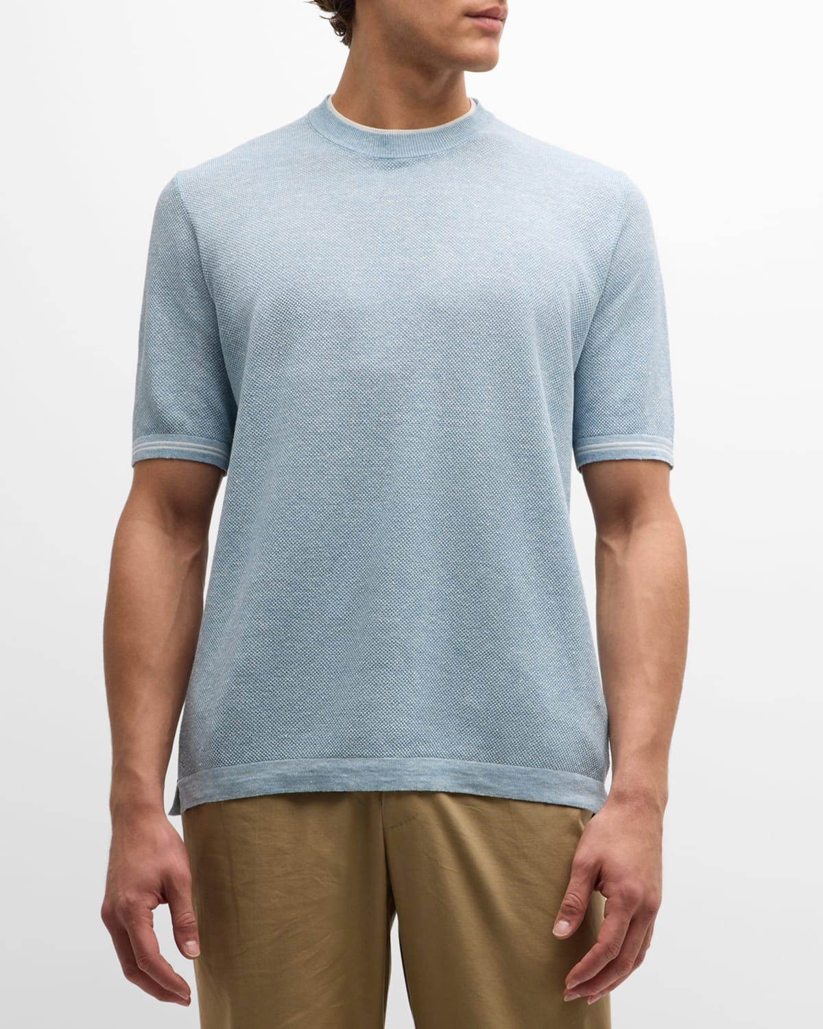 Shop Fioroni Men's Linen-cotton Pique Crewneck T-shirt In Azzurro