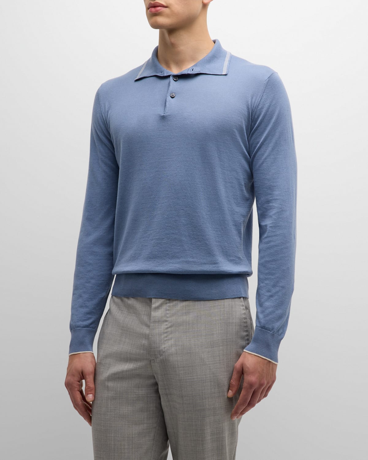 Shop Fioroni Men's Cotton-cashmere Long-sleeve Polo Shirt In Avio