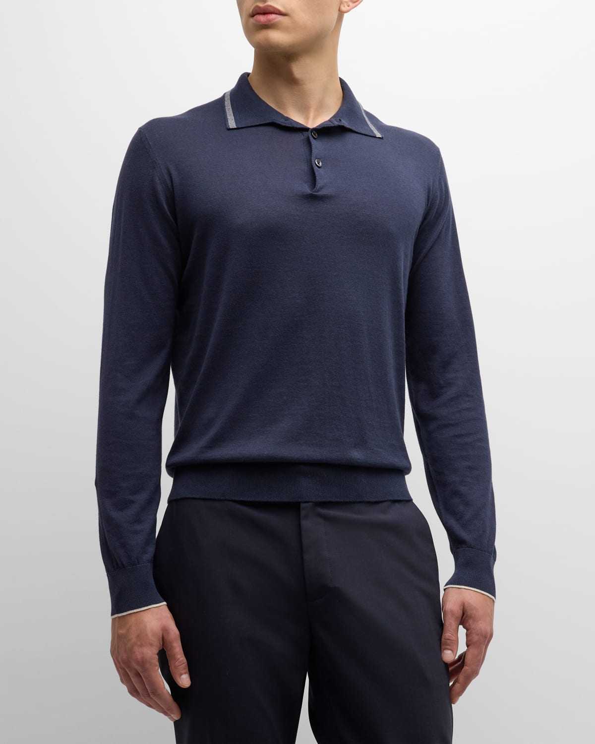 Shop Fioroni Men's Cotton-cashmere Long-sleeve Polo Shirt In Navy