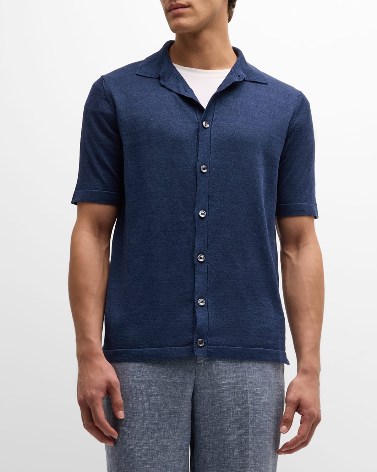 Fioroni Men's Linen-cotton Knit Short-sleeve Shirt In Blue