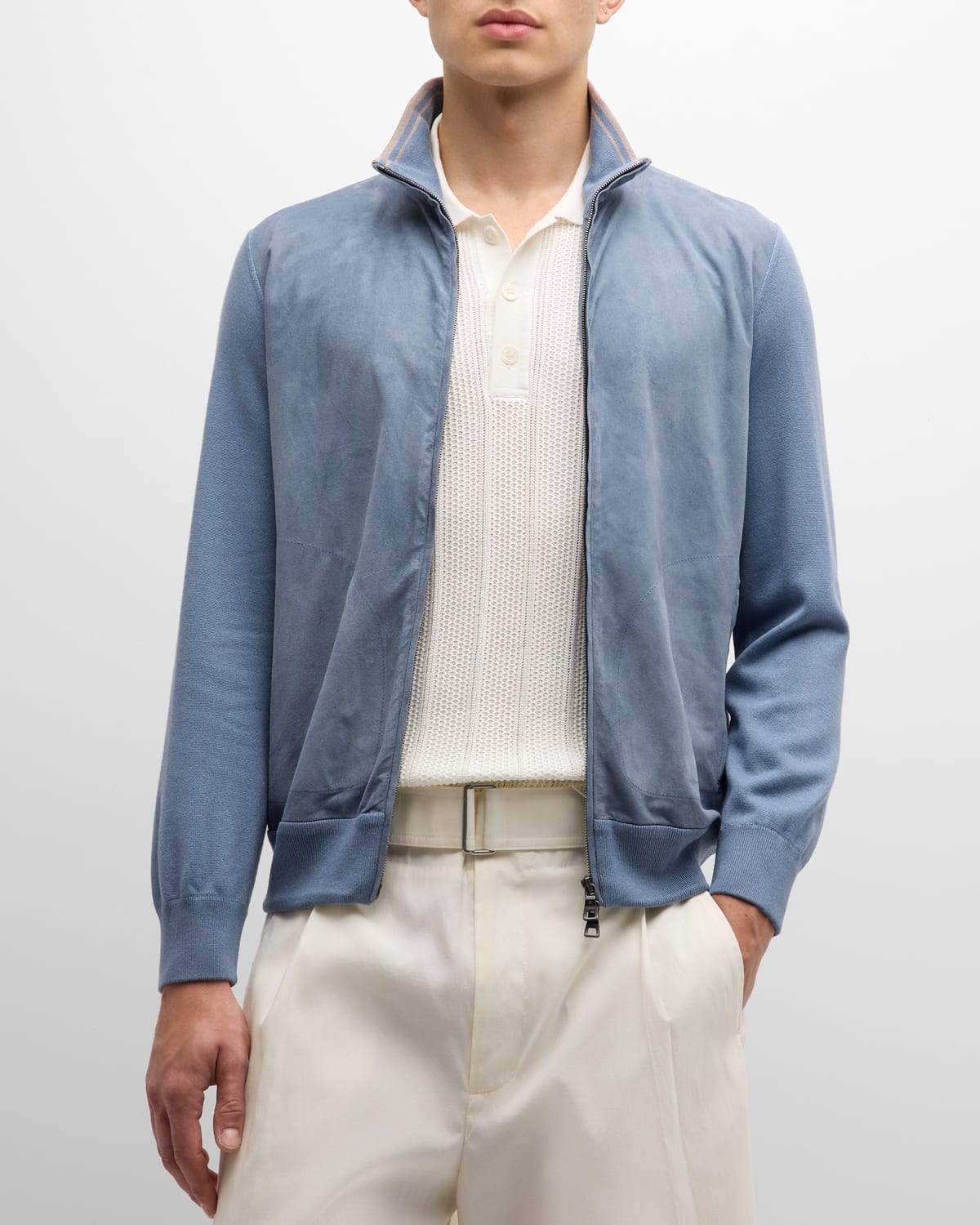 Fioroni Men's Suede Knit Full-zip Bomber Jacket In Blue