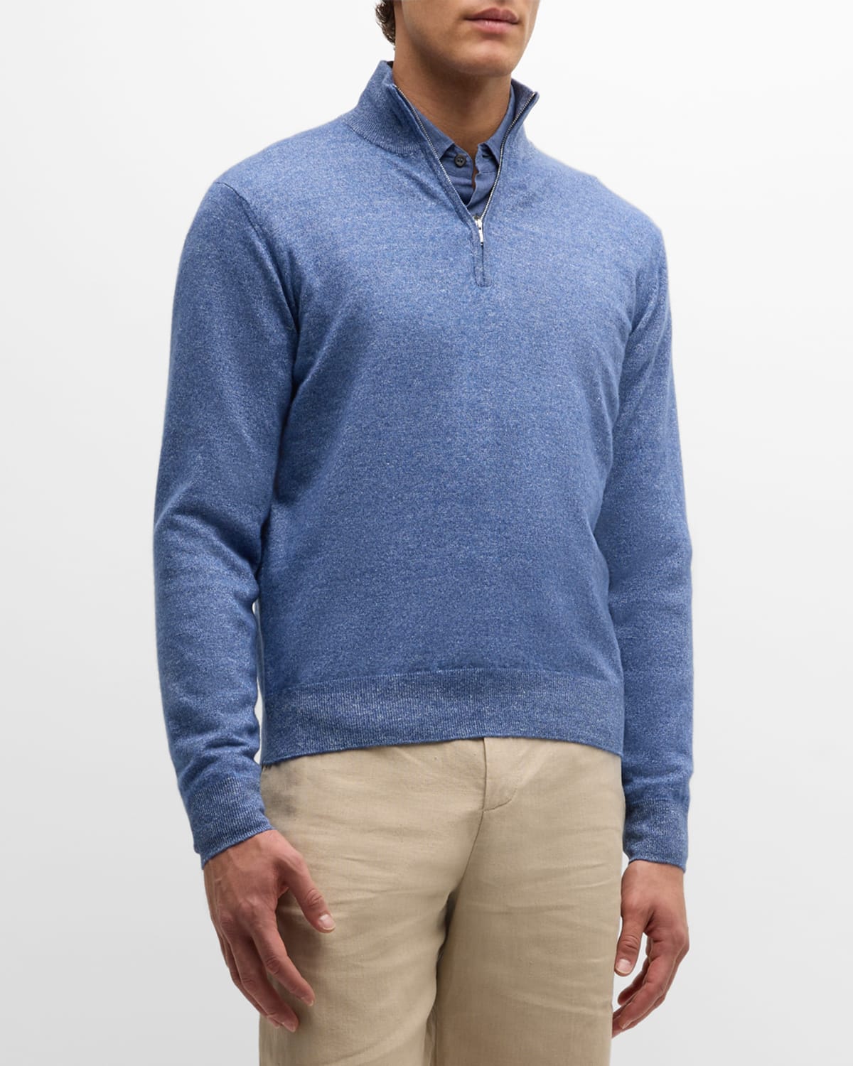 Shop Fioroni Men's Cashmere-linen Melange Quarter-zip Sweater In Denim
