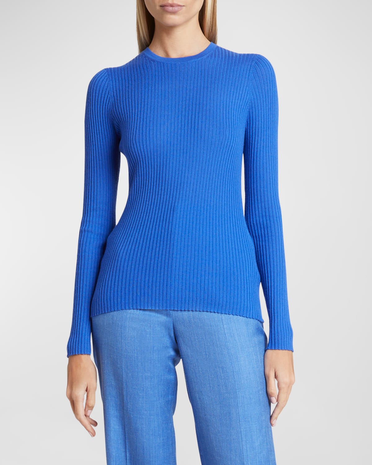 Shop Gabriela Hearst Browning Long-sleeve Crewneck Cashmere-silk Knit Sweater In Sapphire