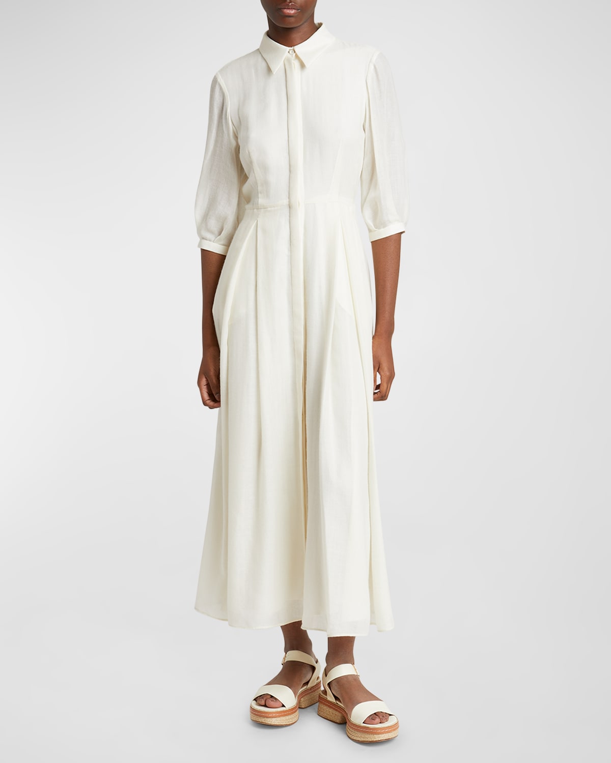 Gabriela Hearst Andy 3/4-sleeve Belted Maxi Shirtdress In Ivory