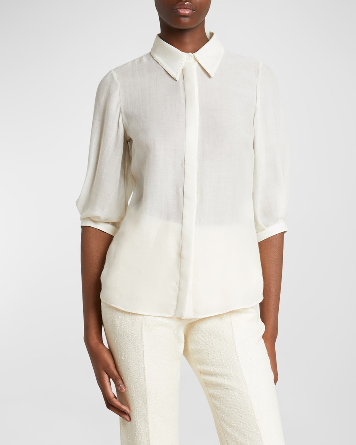 Shop Gabriela Hearst Hadley Blanket-stitch Collared Blouson-sleeve Wool-cashmere Top In Ivory