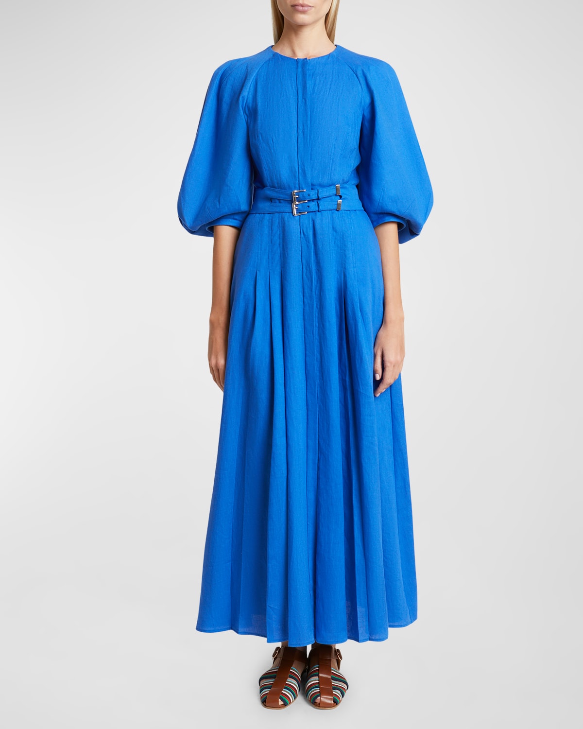 Shop Gabriela Hearst Elea Puff-sleeve Belted Pleated Maxi Dress In Sapphire