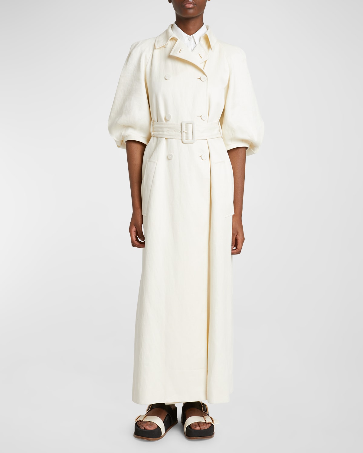 Shop Gabriela Hearst Iona Puff-sleeve Linen Long Trench Coat In Ivory