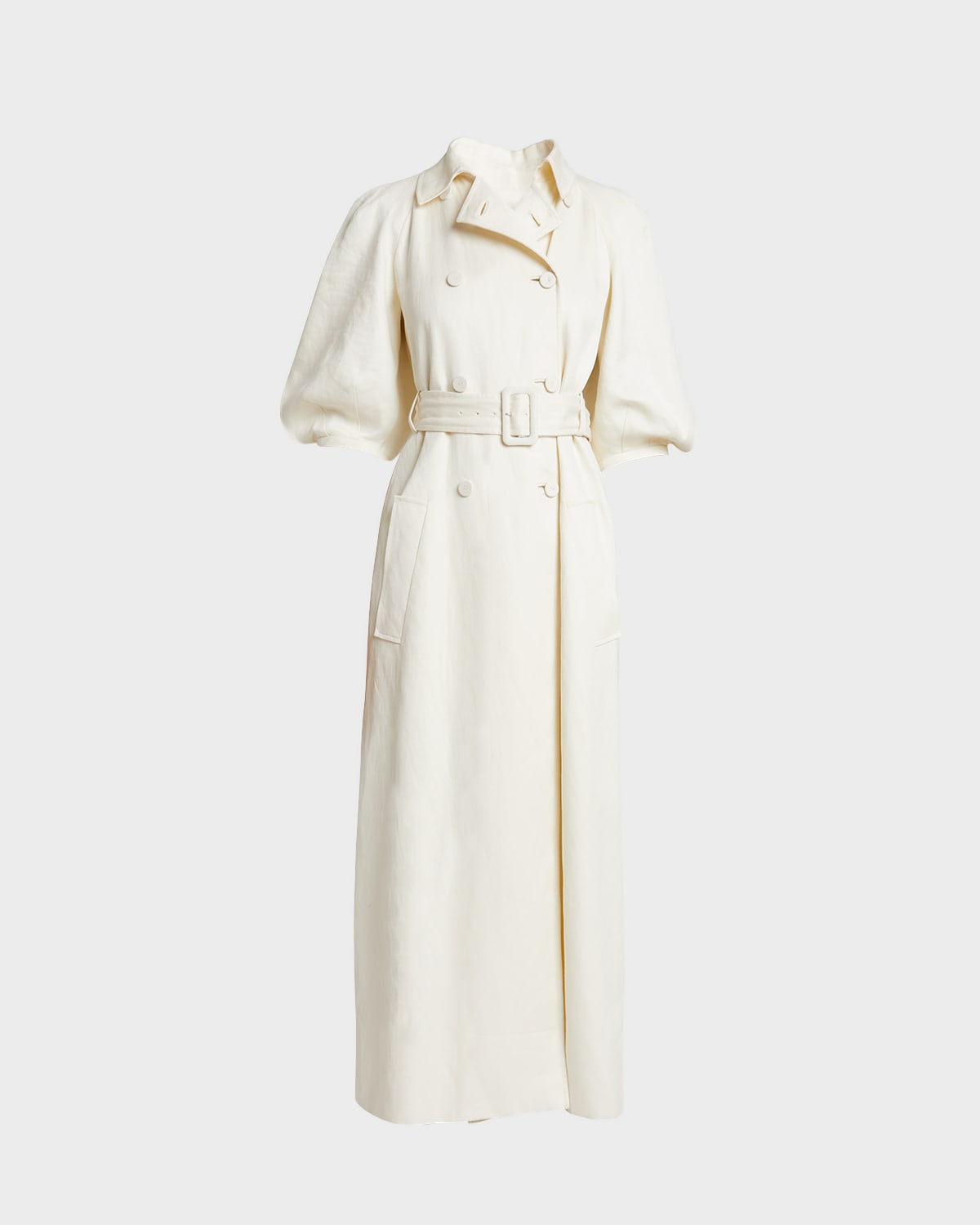 Iona Puff-Sleeve Linen Long Trench Coat