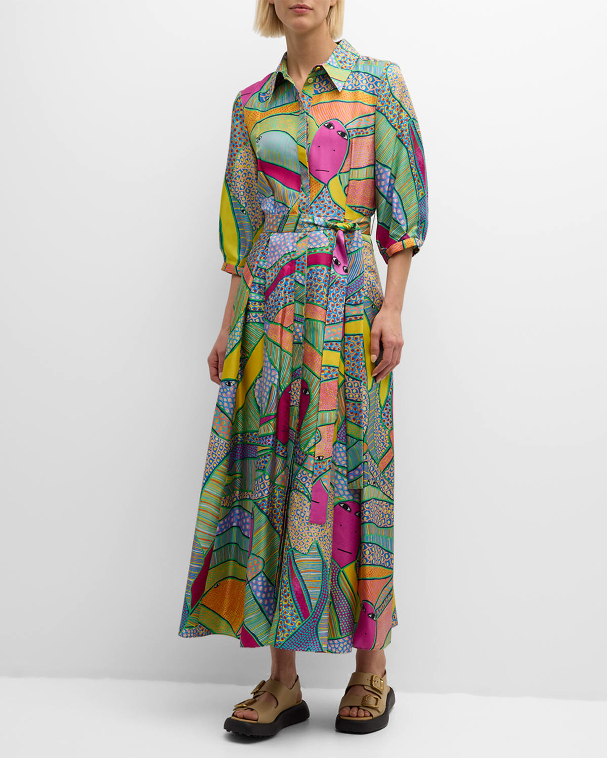 Shop Gabriela Hearst Andy Abstract-print 3/4-sleeve Belted Silk Maxi Shirtdress In Multi