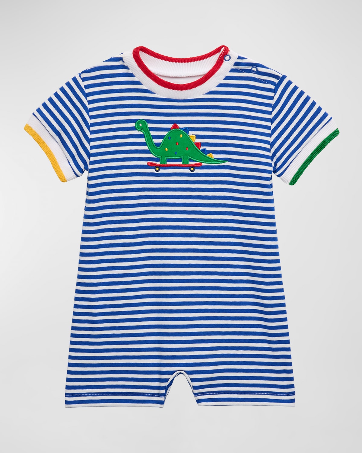 Boy's Dino Embroidered Stripe Knit Shortall, Size 3M-24M