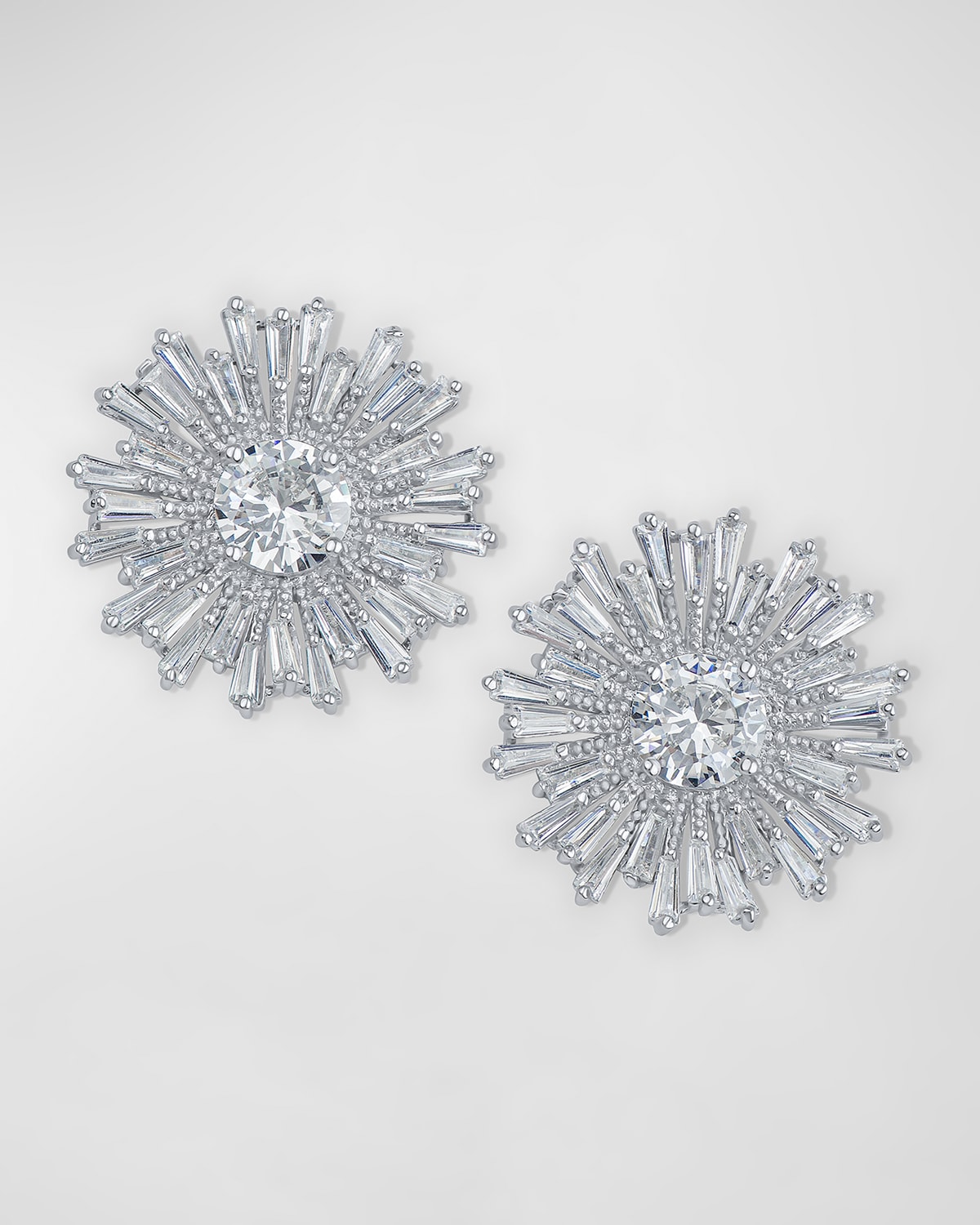 Round and Baguette Cubic Zirconia Sparkle Burst Post Earrings