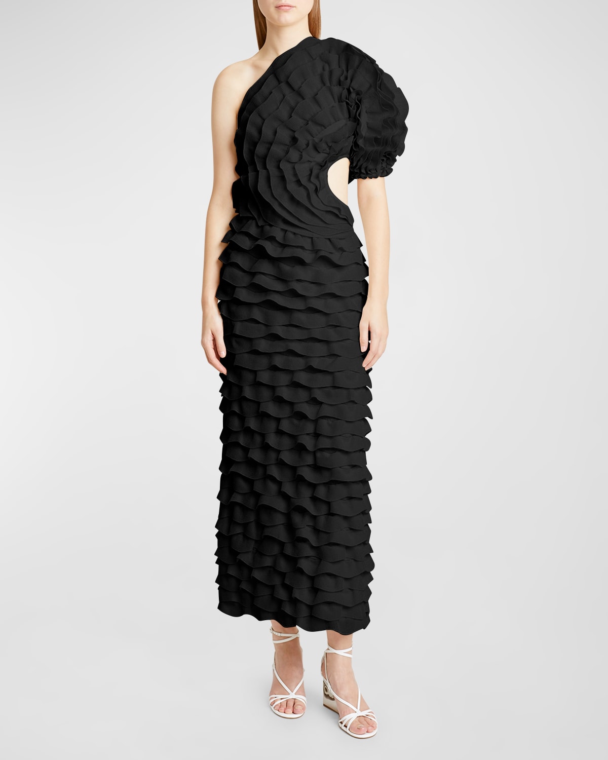 Shop Chloé One-shoulder Long Fitted Dress With Knit Ruffles In Black