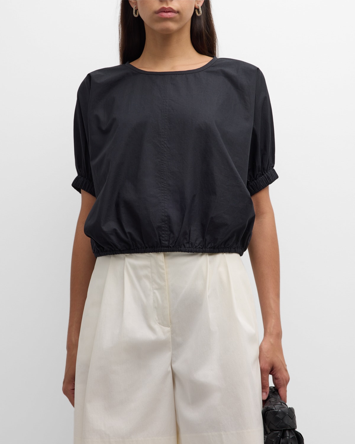 Shop Apiece Apart Nora Puff-sleeve Cotton Poplin Crop Top In Black