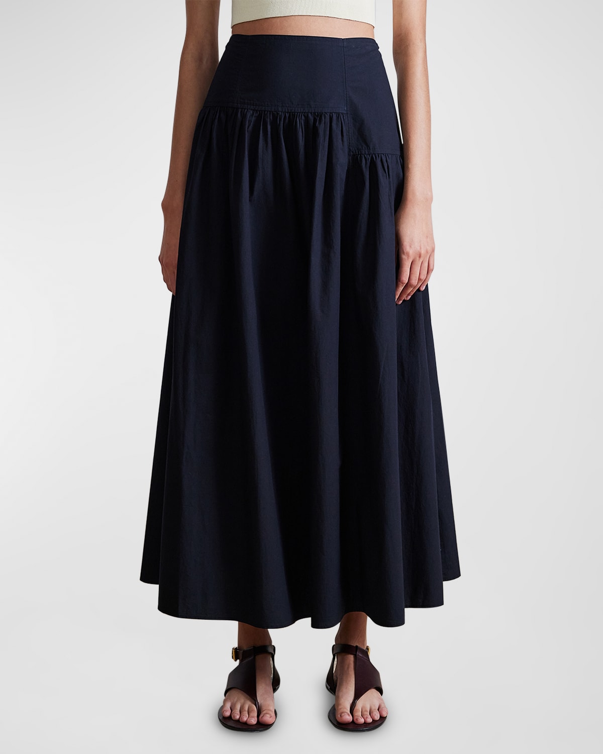 Nora Asymmetric Ruched Poplin Maxi Skirt