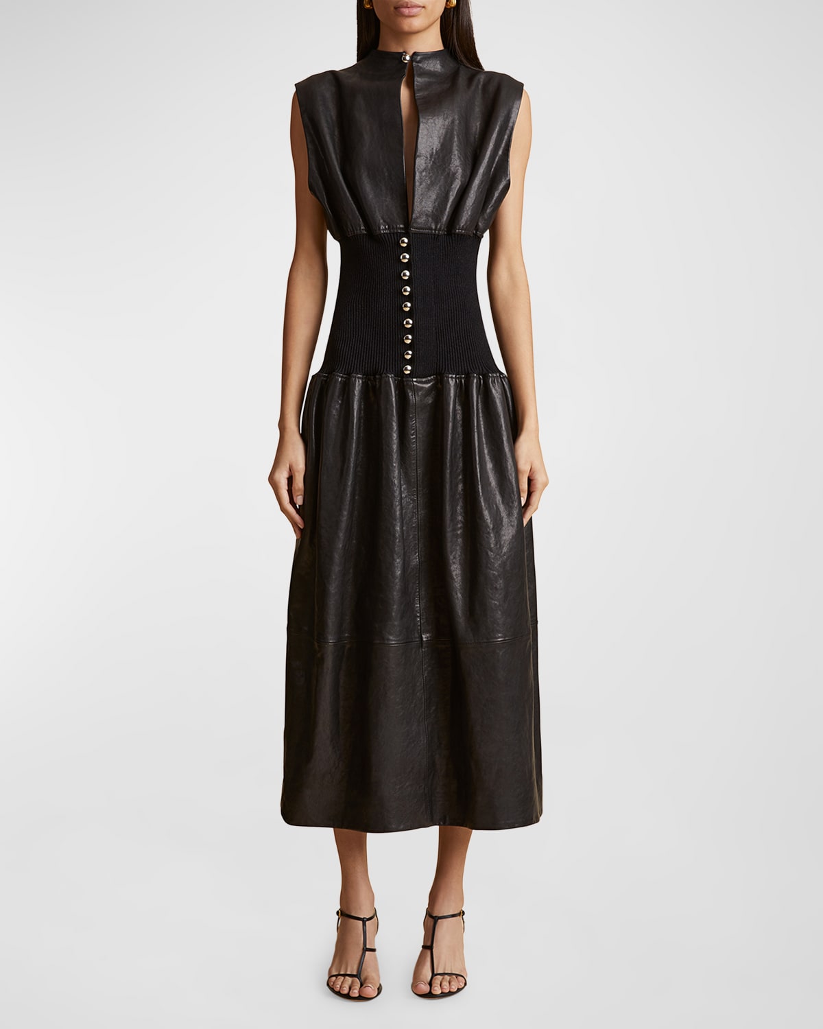 Shop Khaite Uni Ribbed Waist Leather Dress In Black