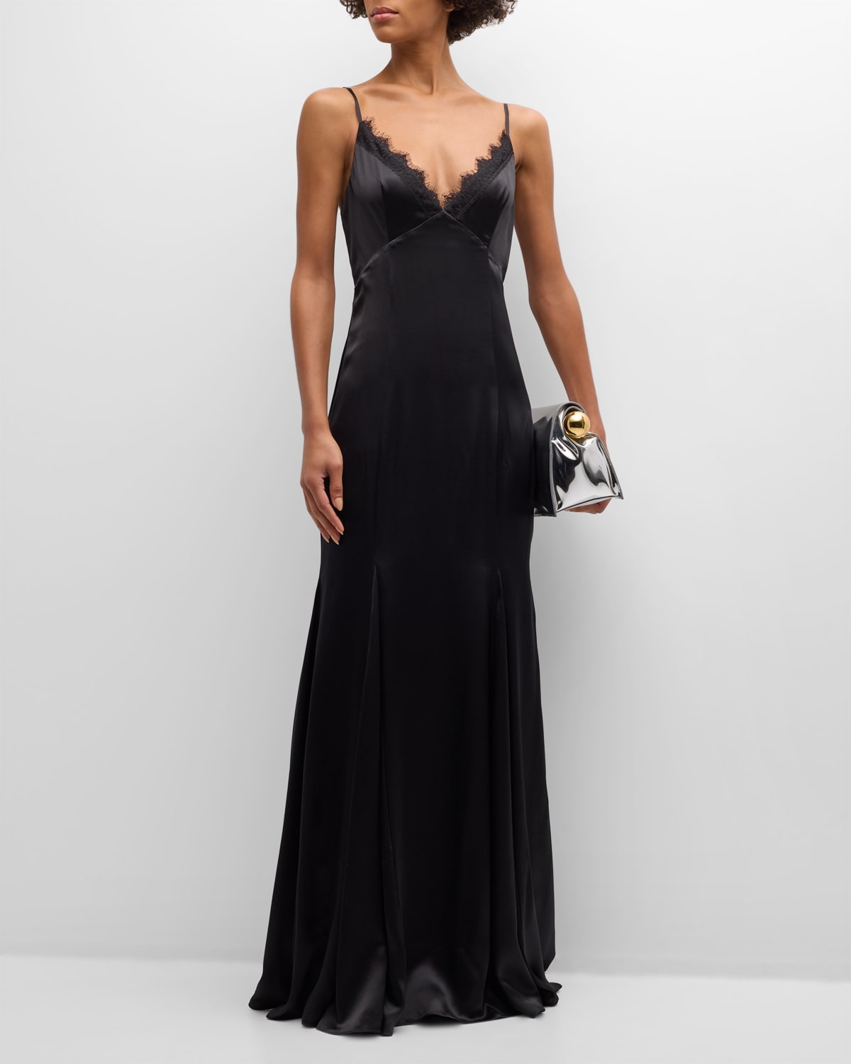 Shop L Agence Zanna Lace-trim Silk Gown In Black