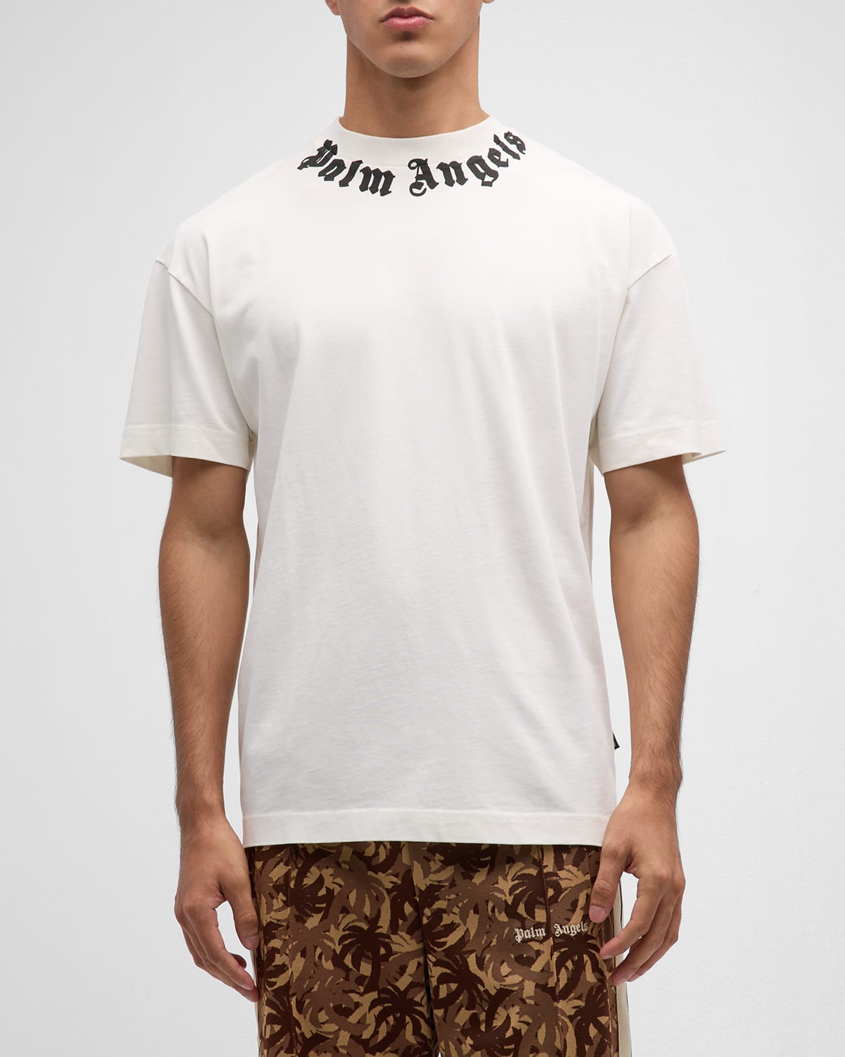 Shop Palm Angels Men's Neck Logo T-shirt In Off White Black
