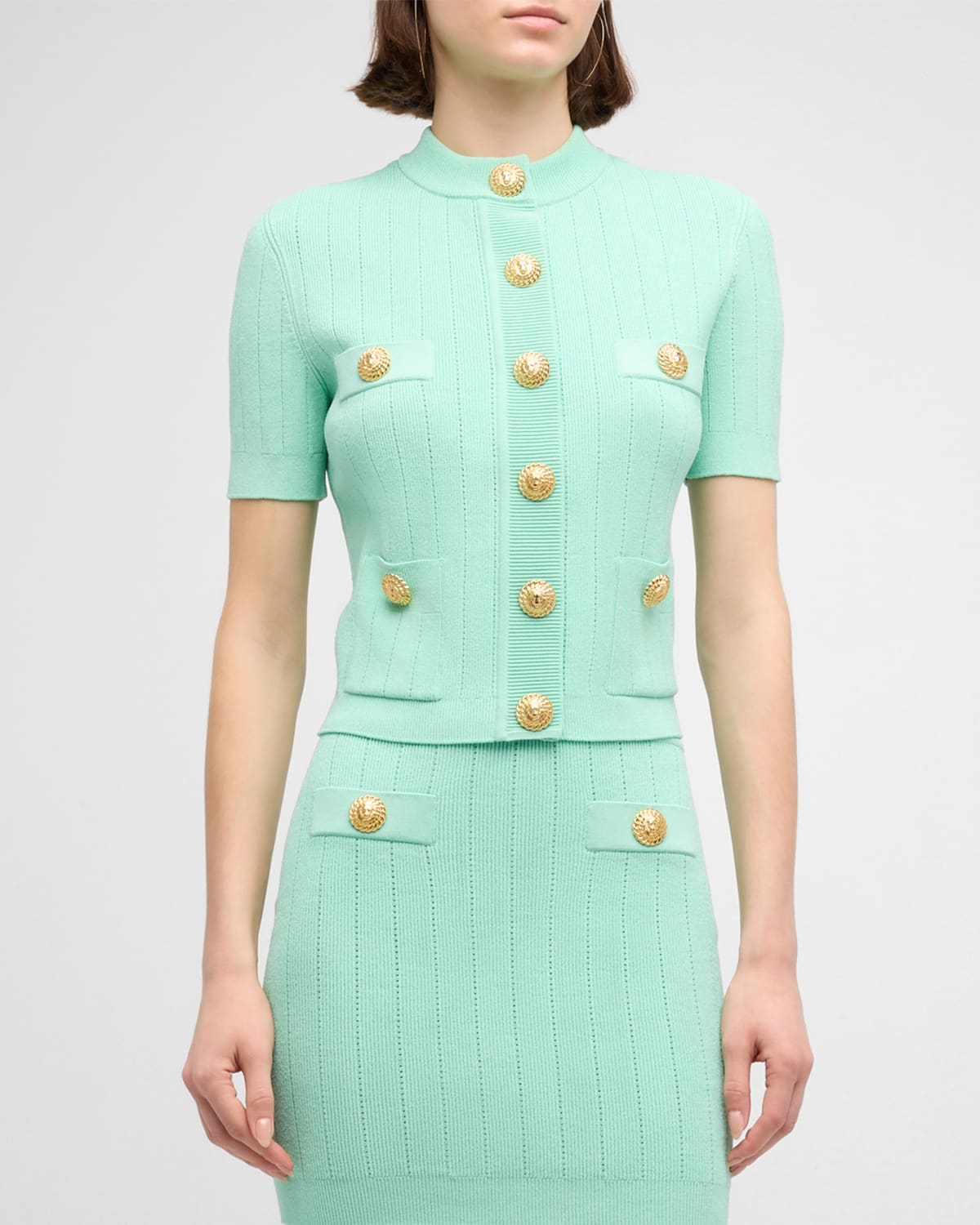 Shop Balmain Short-sleeve Buttoned Pointelle Rib Knit Cardigan In Lt Green