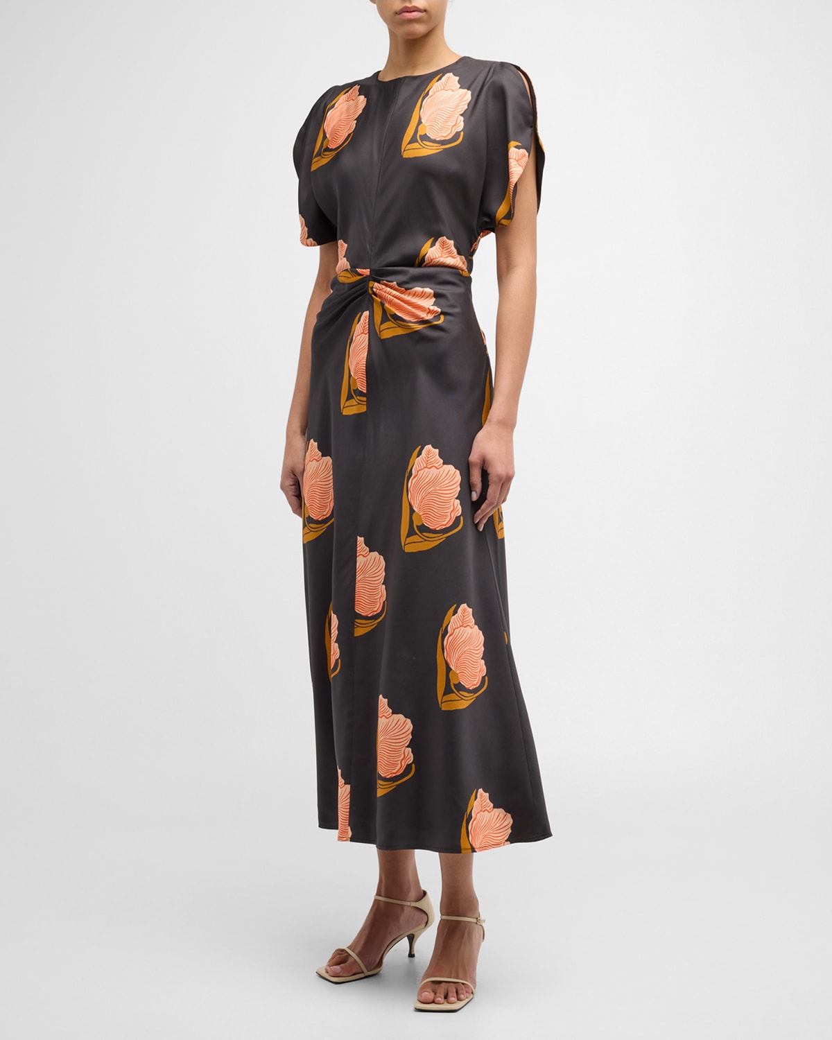 Ruched Split-Sleeve Floral-Print Midi Dress