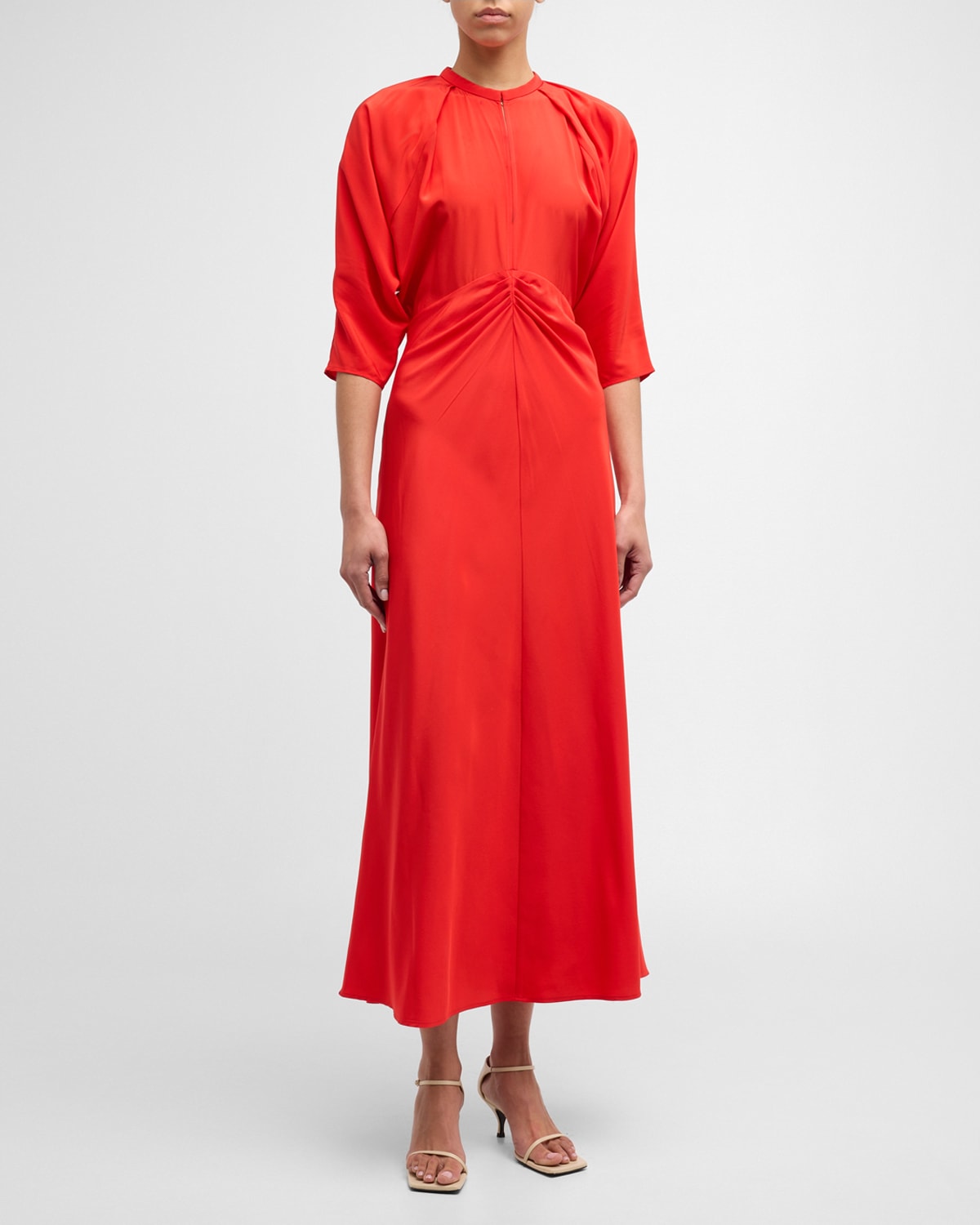 Shop Oroton Ruched Dolman-sleeve Silk Midi Dress In True Red