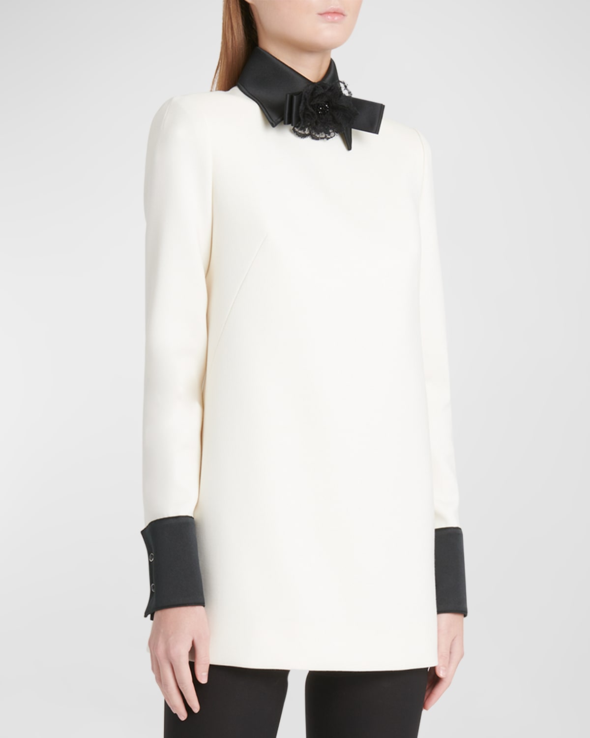 Shop Dolce & Gabbana Lana Contrast Collar Long-sleeve Crepe Mini Dress In Naturalwht