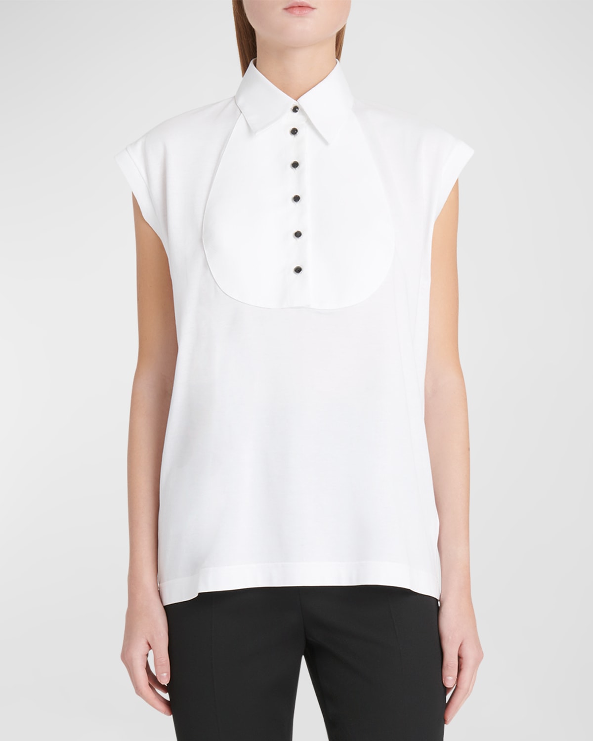 Shop Dolce & Gabbana Piquet-bib Cap-sleeve Collared Shirt In Opticalwht