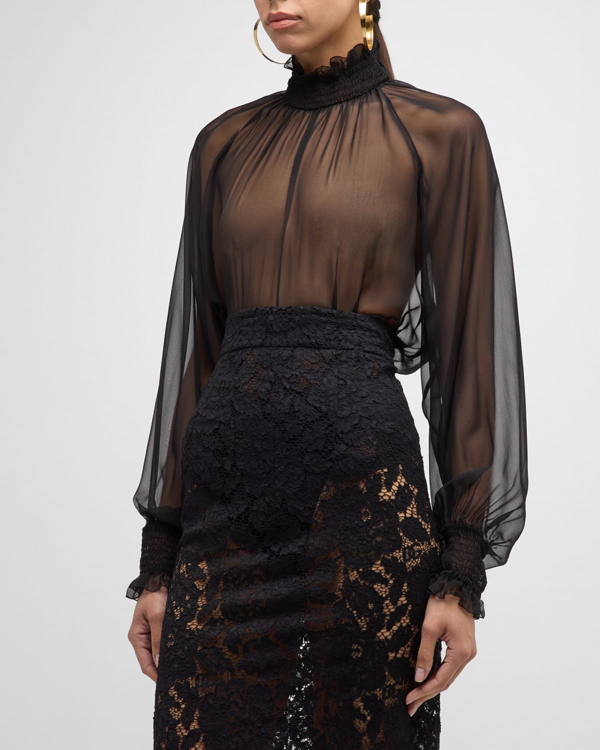 Shop Dolce & Gabbana Sheer Chiffon Smocked Blouse In Black