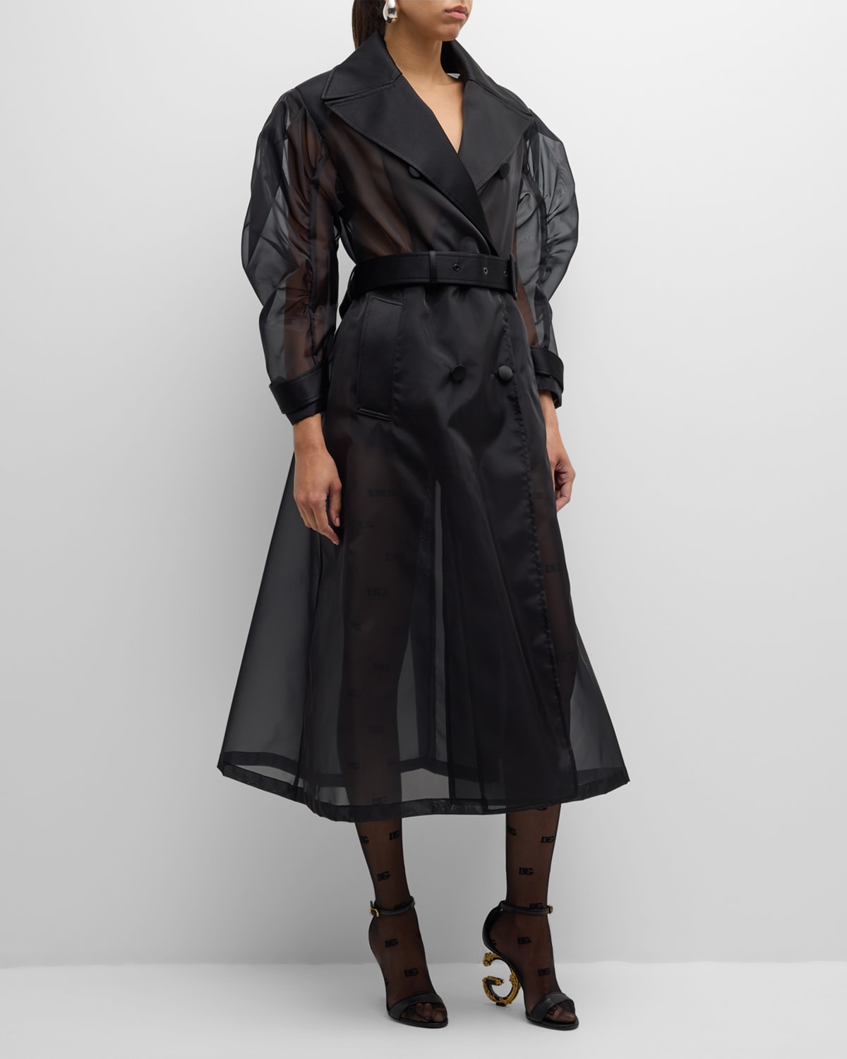 Shop Dolce & Gabbana Curved-sleeve Belted Organza Nylon Long Trench Coat In Black