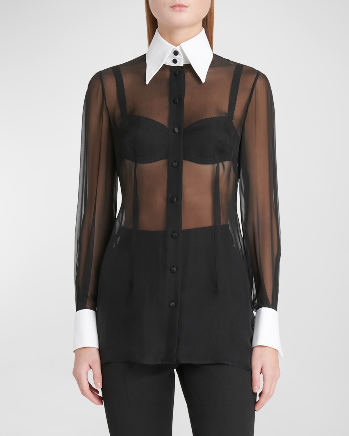 Shop Dolce & Gabbana Contrast Collar Sheer Chiffon Shirt In Black