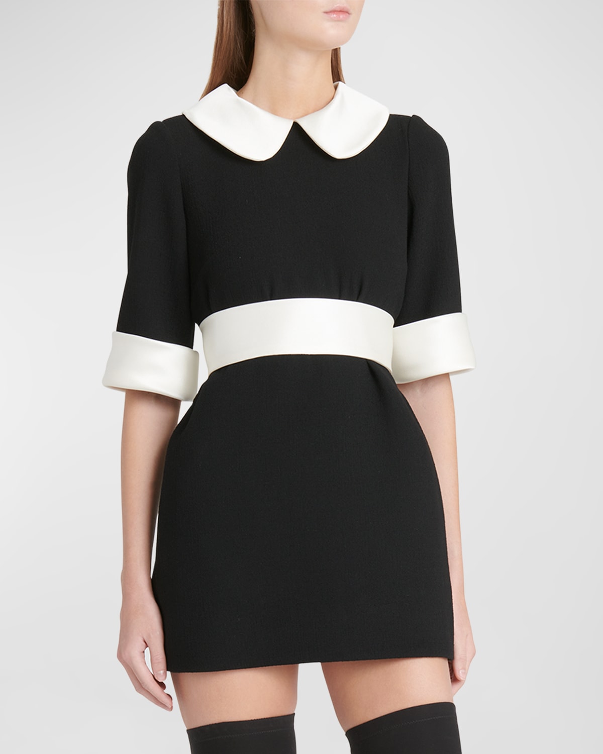 Shop Dolce & Gabbana Peter Pan-collar Short-sleeve Belted Crepe Mini Dress In Black