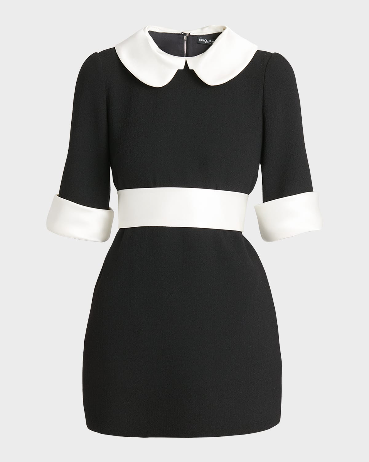 Shop Dolce & Gabbana Peter Pan-collar Short-sleeve Belted Crepe Mini Dress In Black