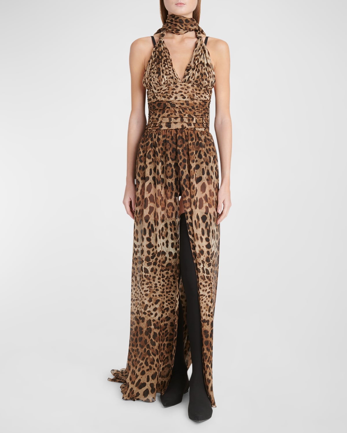 Plunging Leopard-Print Chiffon Scarf-Neck Gown