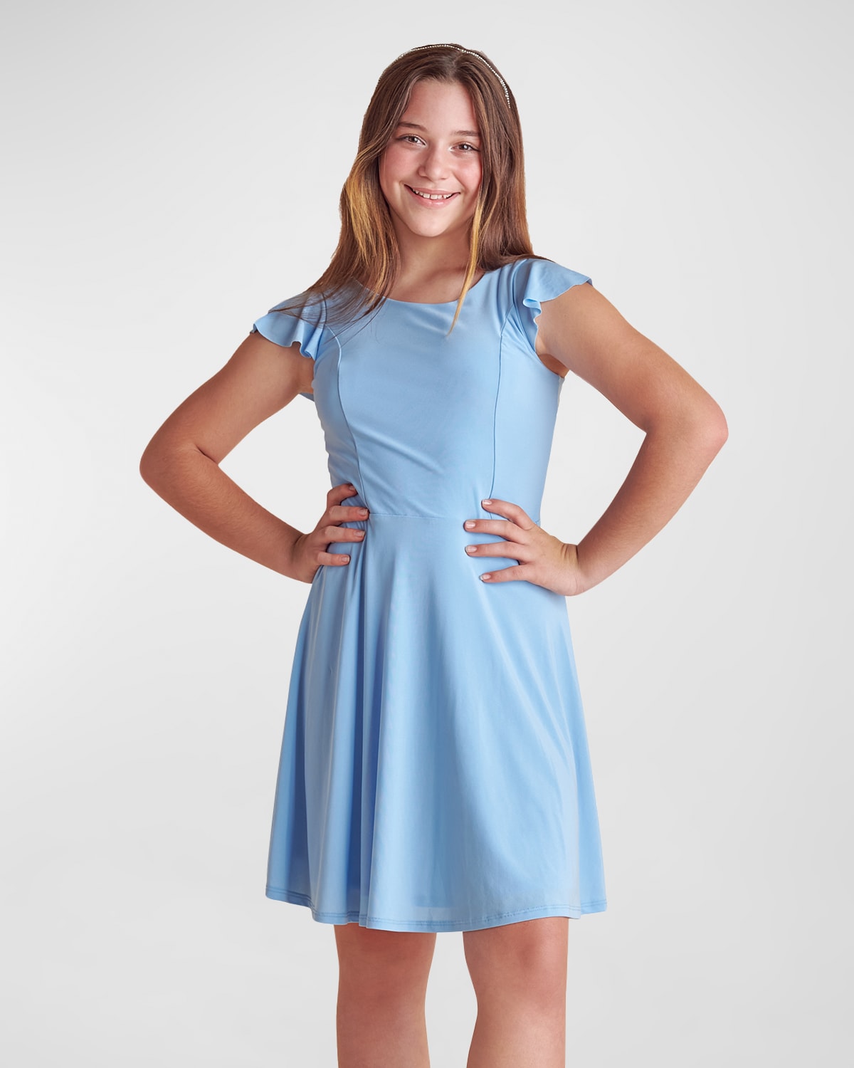 Un Deux Trois Kids' Girl's Flutter-sleeve Mini Dress In Blue