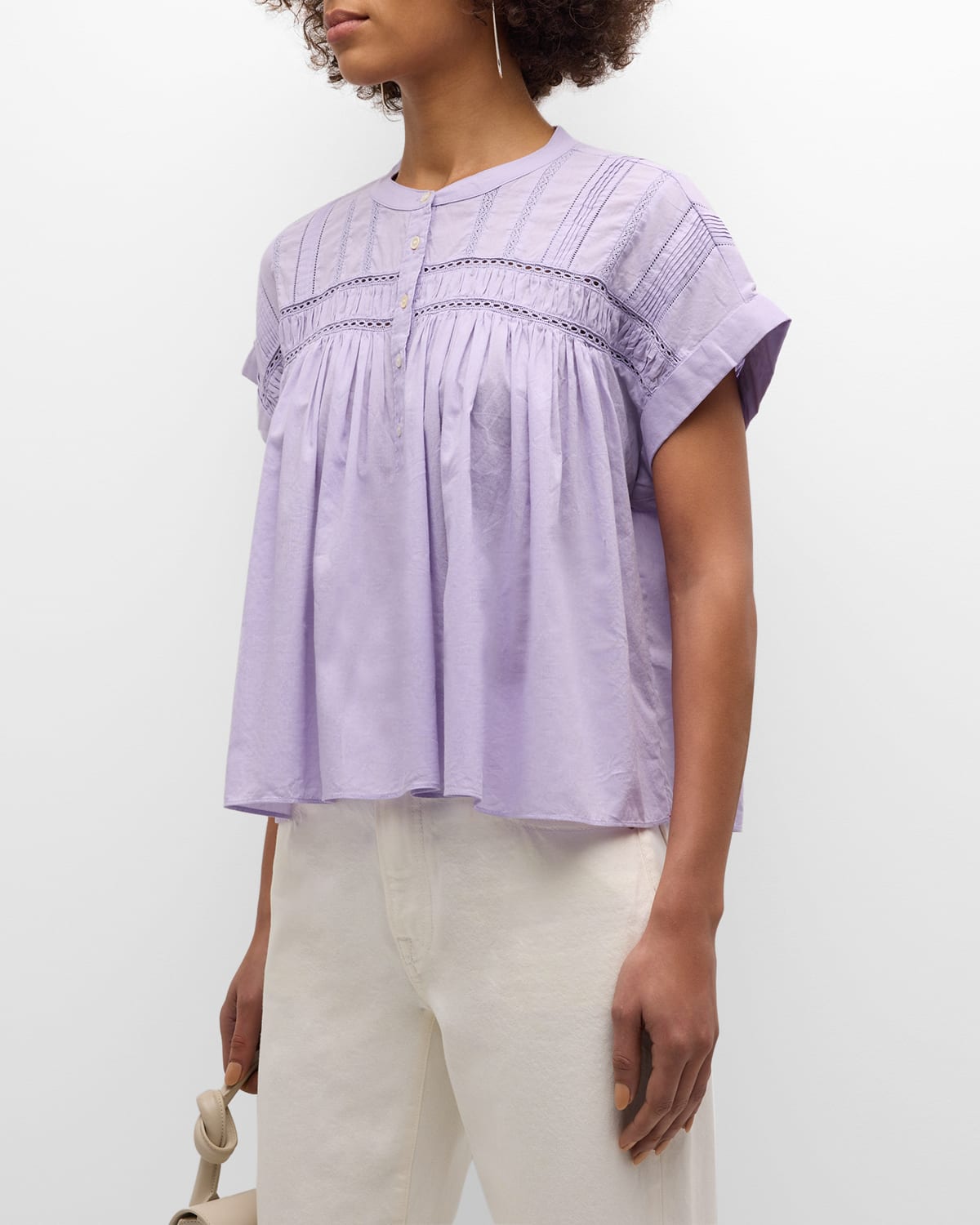 Shop Xirena Louelle Ruched Lace-trim Cotton Top In Soft Iris