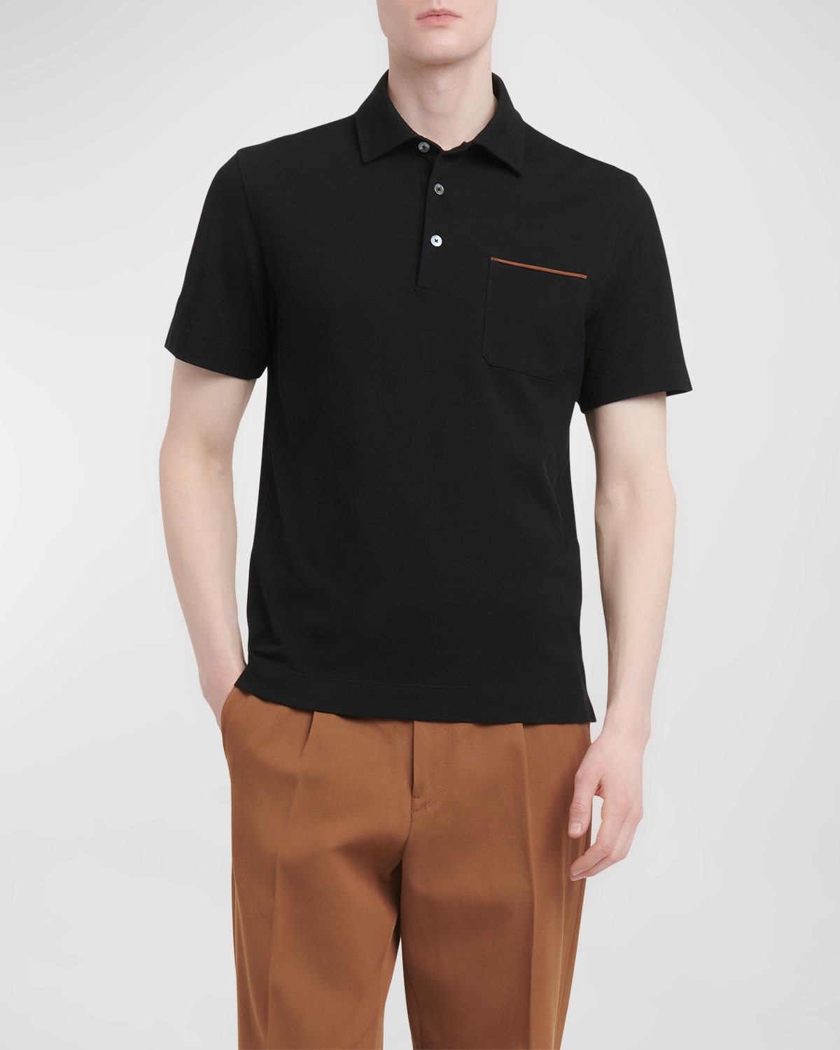 Shop Zegna Men's Cotton Polo Shirt With Leather-trim Pocket In Black Solid