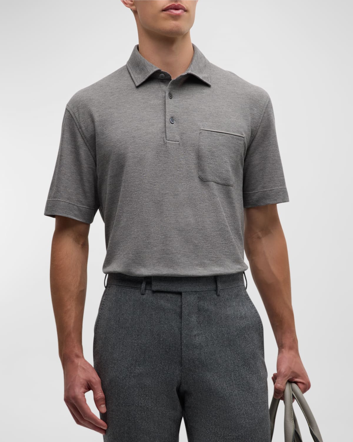 Men's Cotton Polo Shirt with Leather-Trim Pocket