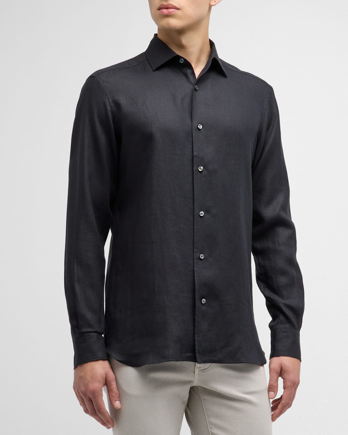 Shop Zegna Men's Oasi Lino Linen Sport Shirt In Black Solid